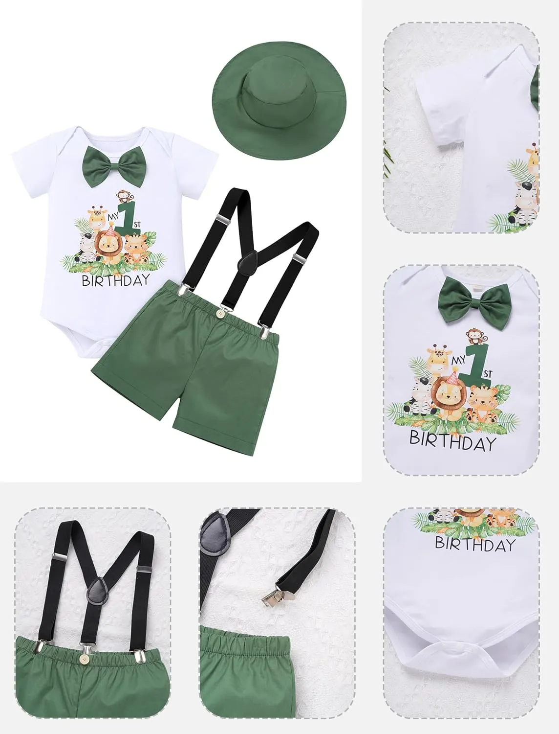 OBEEII First Birthday Outfit Baby Boy Cake Smash Outfit Safari Zookeeper Animal Lion Bow Tie Romper   Suspender Shorts   Hat