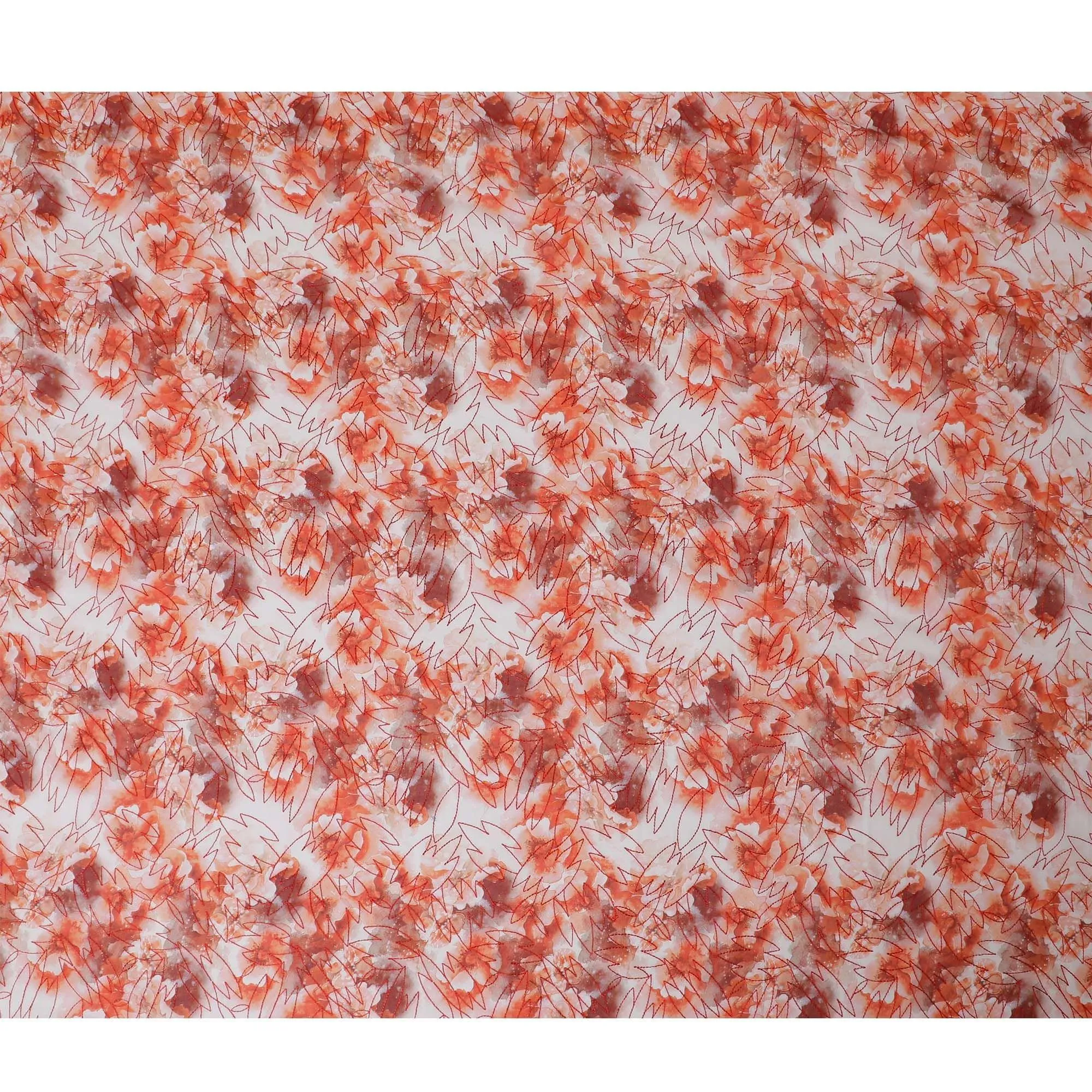 Off white premium pure cotton voile fabric with orange print and same tone embroidery in fancy design-D13254