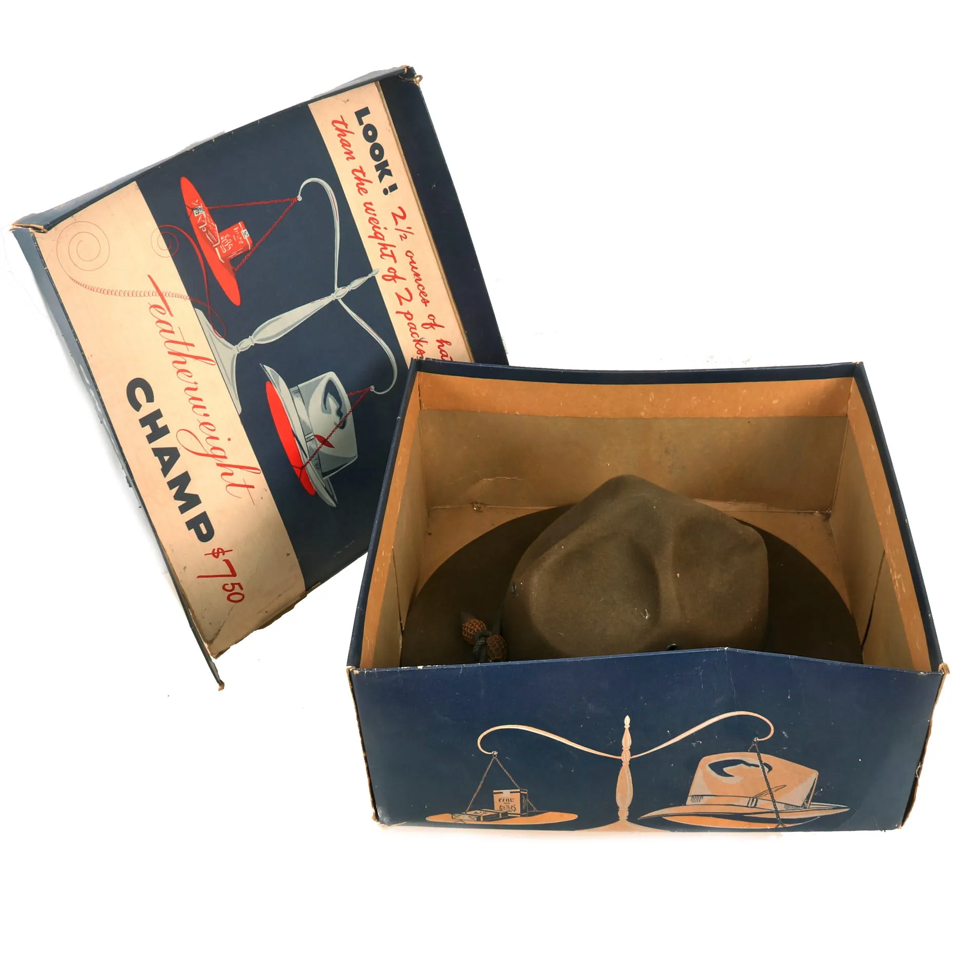 Original U.S. WWII Officers Private Purchase Campaign Hat with Officer’s Cord & Chinstrap in Original Box - The Featherweight Champ