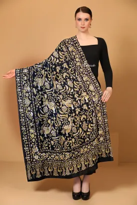 Pashtush Womens Pashmina Shawl, Kashmiri Tilla Work, Handloom, Black