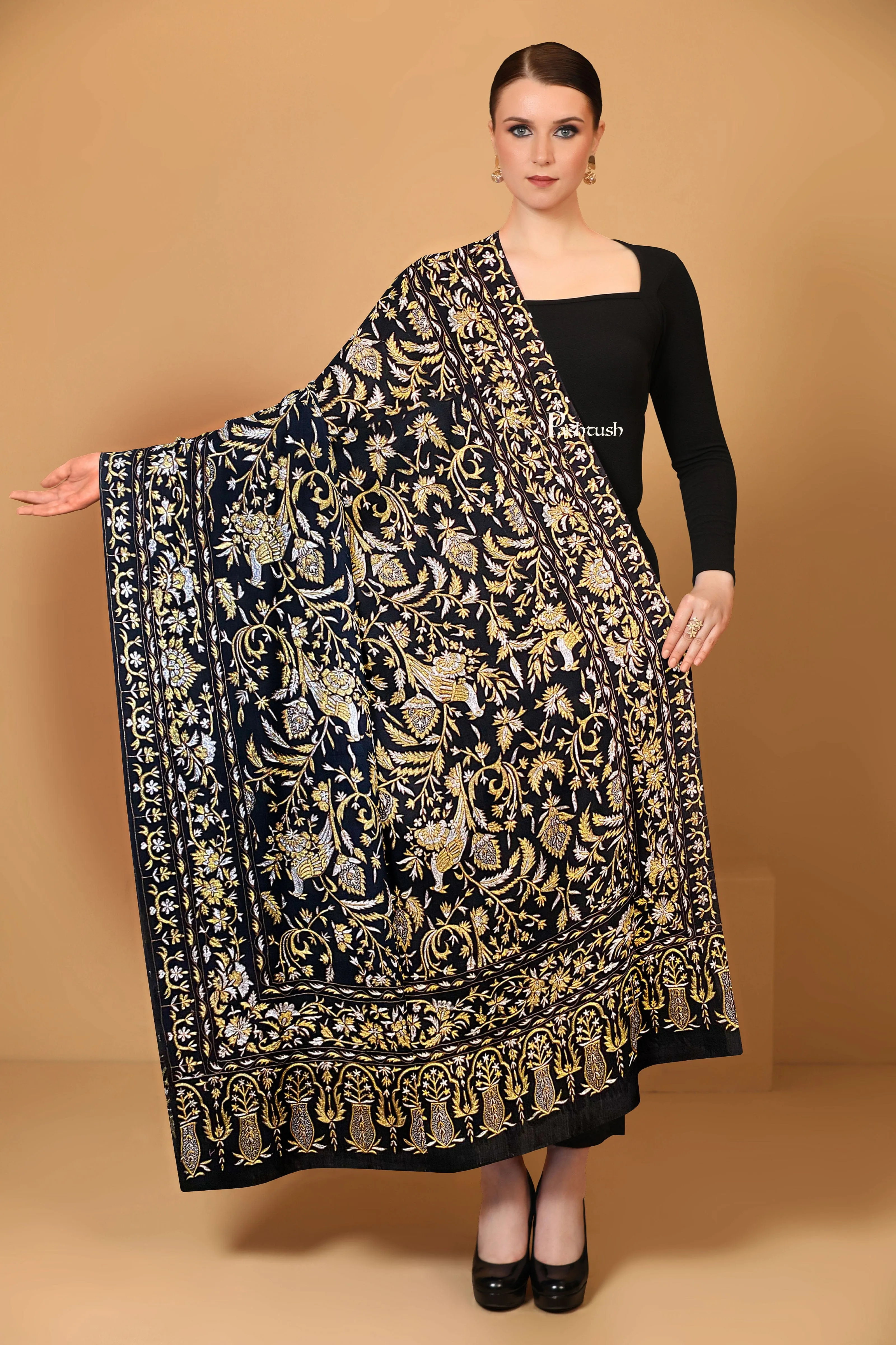 Pashtush Womens Pashmina Shawl, Kashmiri Tilla Work, Handloom, Black
