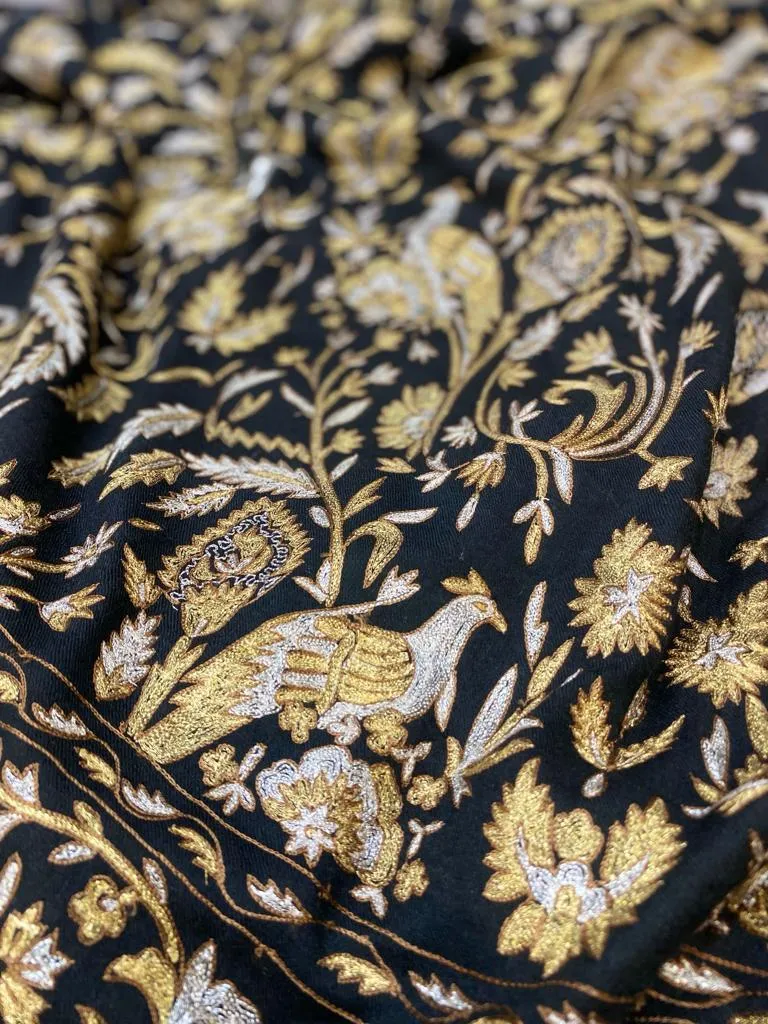 Pashtush Womens Pashmina Shawl, Kashmiri Tilla Work, Handloom, Black
