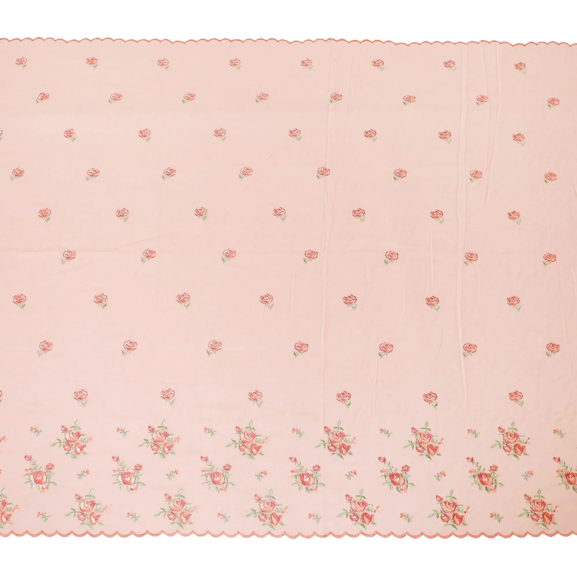 Peach cotton voile fabric with hot pink and sage green embroidery in floral design-D12465