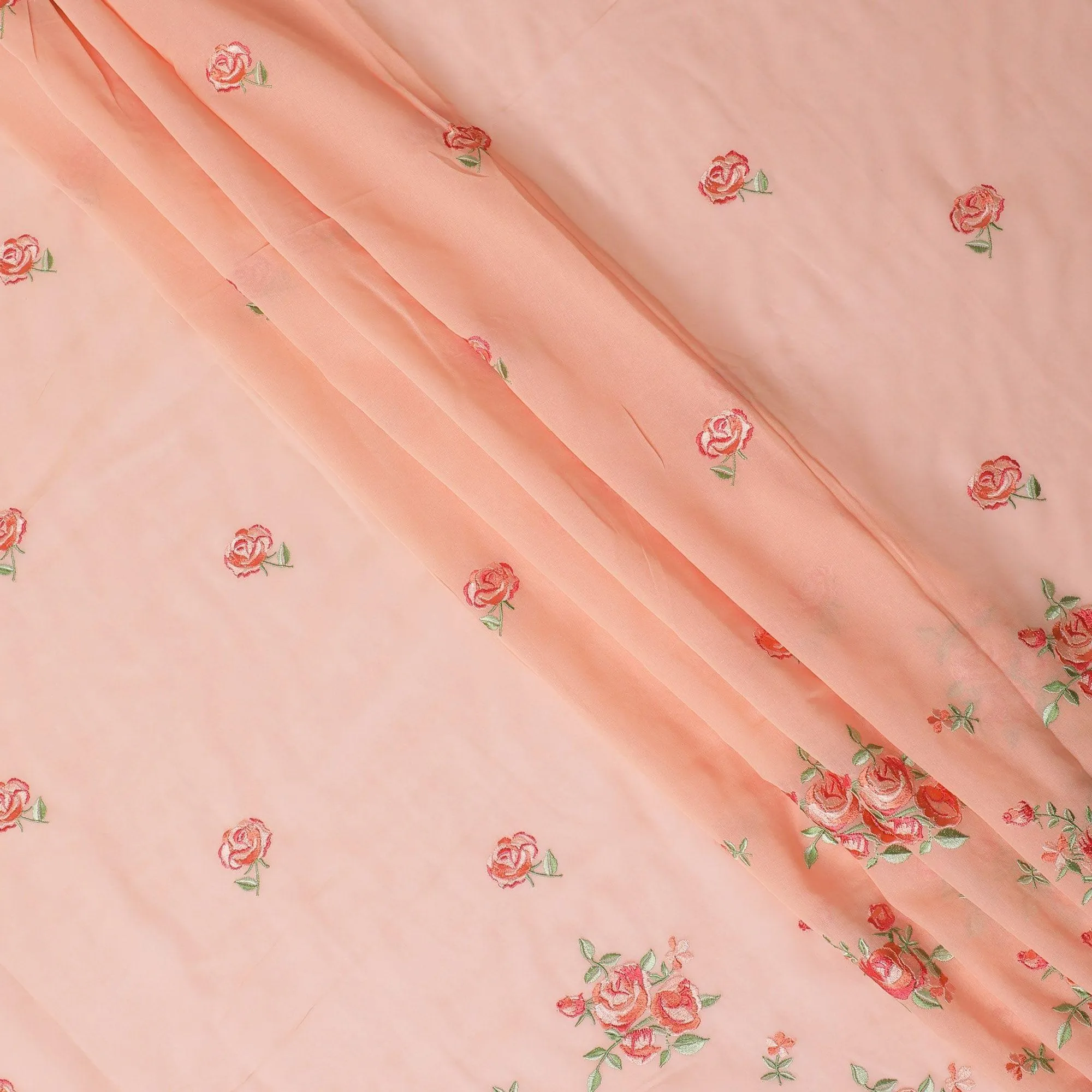 Peach cotton voile fabric with hot pink and sage green embroidery in floral design-D12465