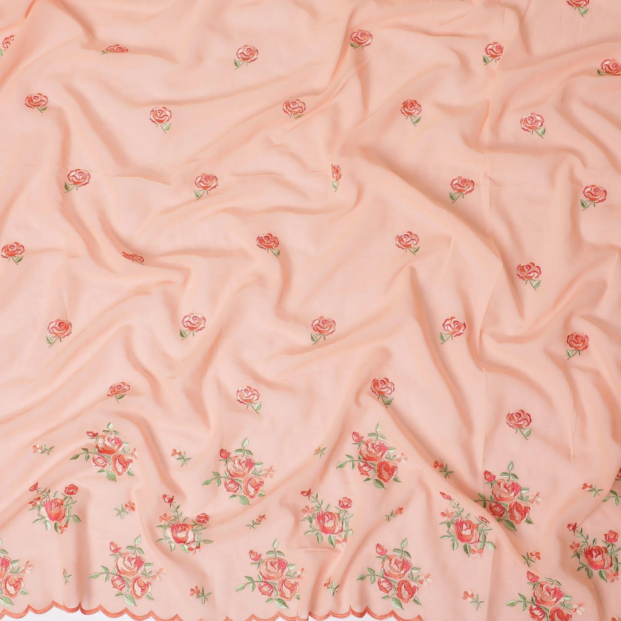 Peach cotton voile fabric with hot pink and sage green embroidery in floral design-D12465