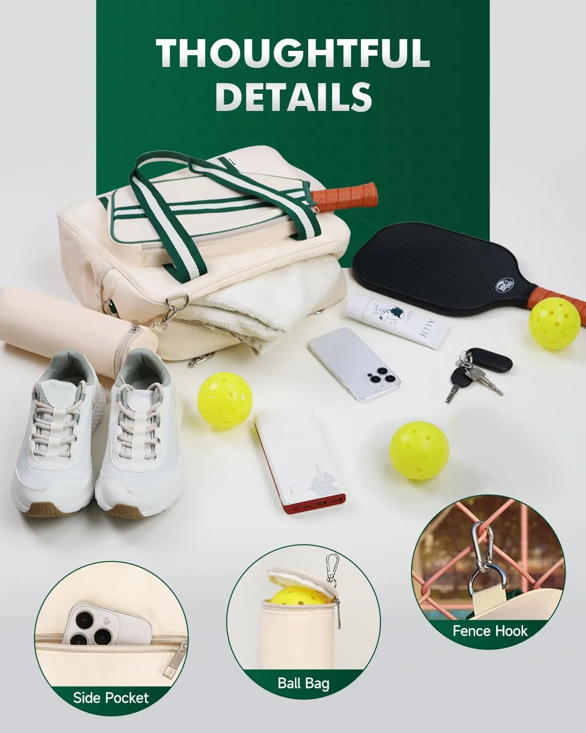 Pickleball Tote Bag for Women Men with Paddle Cover Pocket External Ball Bag and Adjustable Shoulder Strap Fence Hook
