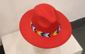 Red beaded rainbow colors fedora hats|summer hat|cowboy hat|beaded hats|handmade hats|brim hat with free shipping world wide