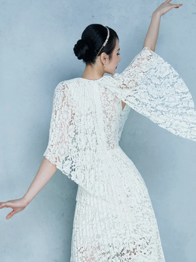 Retro vintage lace cape shawl collar pleated midi lace dress - Tiuna