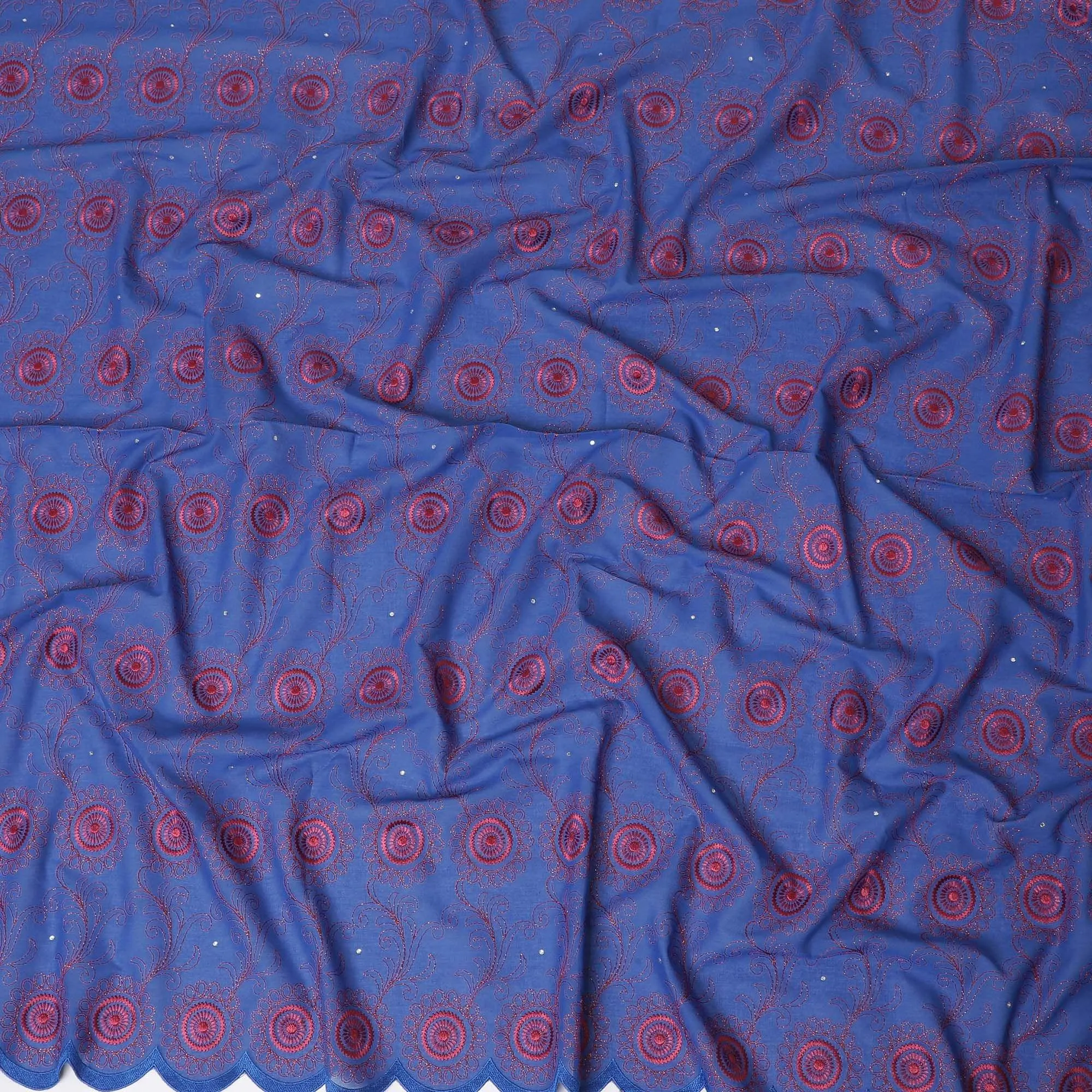 Royal blue Premium 100% Swiss cotton voile (Sudanese Thobe) fabric with cerise pink embroidery having stone work in geometric design-D13530