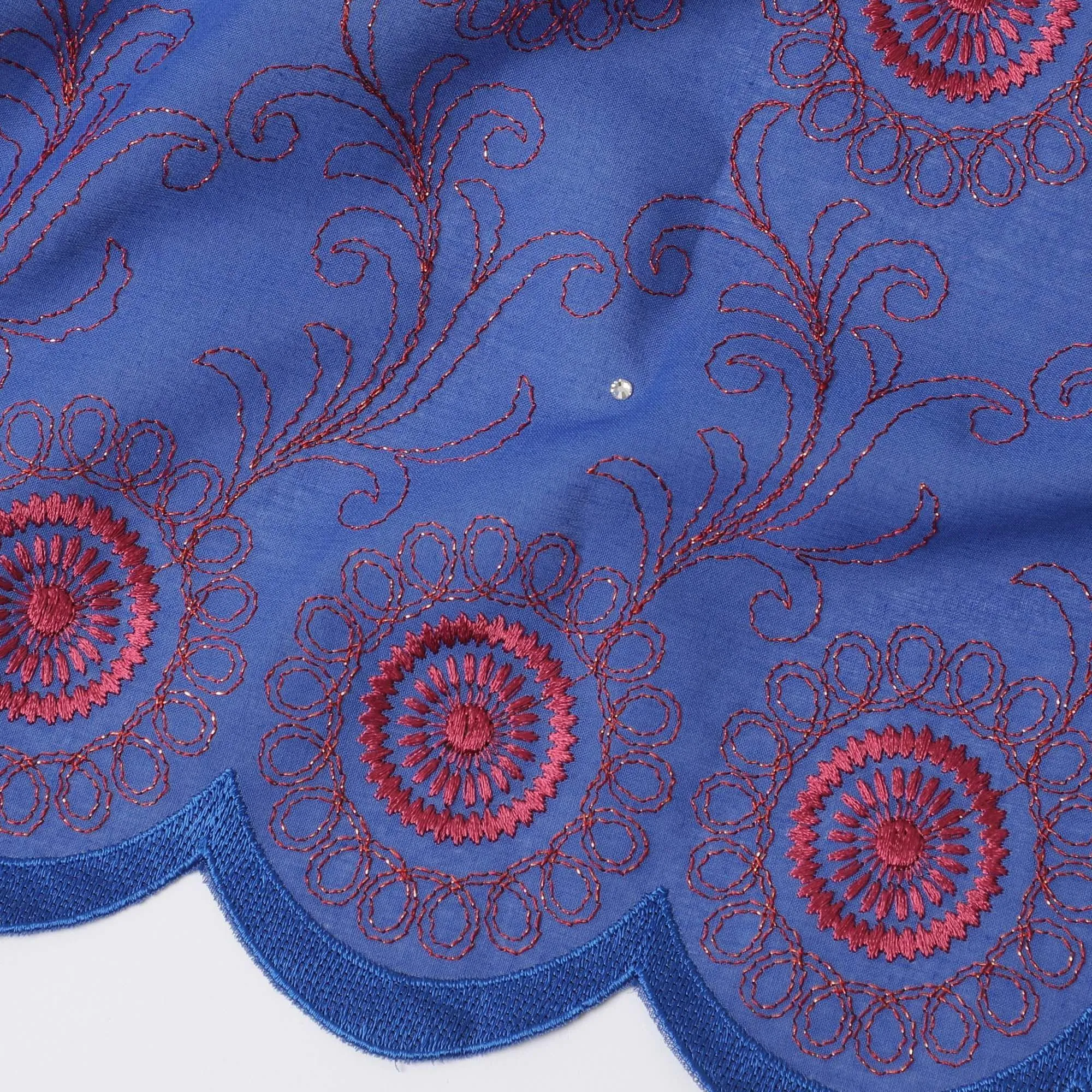 Royal blue Premium 100% Swiss cotton voile (Sudanese Thobe) fabric with cerise pink embroidery having stone work in geometric design-D13530