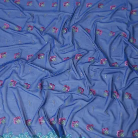 Royal blue Swiss cotton voile fabric with olive green, hot pink, purple, turquoise blue and silver metallic embroidery in floral design having stone work-D6392
