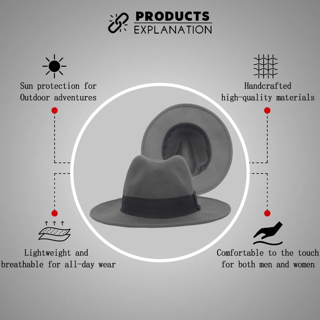 Ruphedy Wool Fedora Hats for Men Women Wide Brim Felt Panama Hat