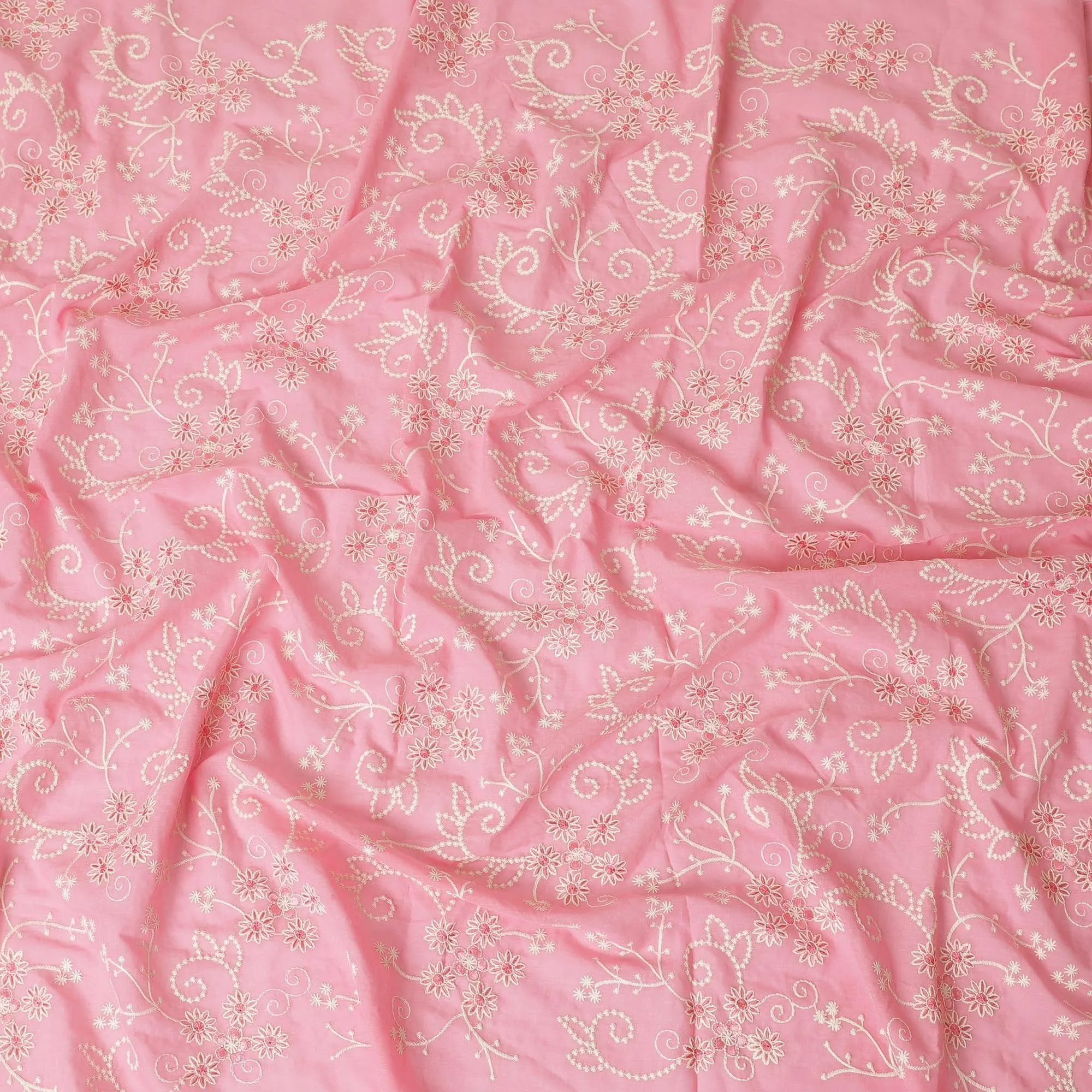 Salmon pink premium pure cotton voile fabric with same tone and beige embroidery in floral design-D13598