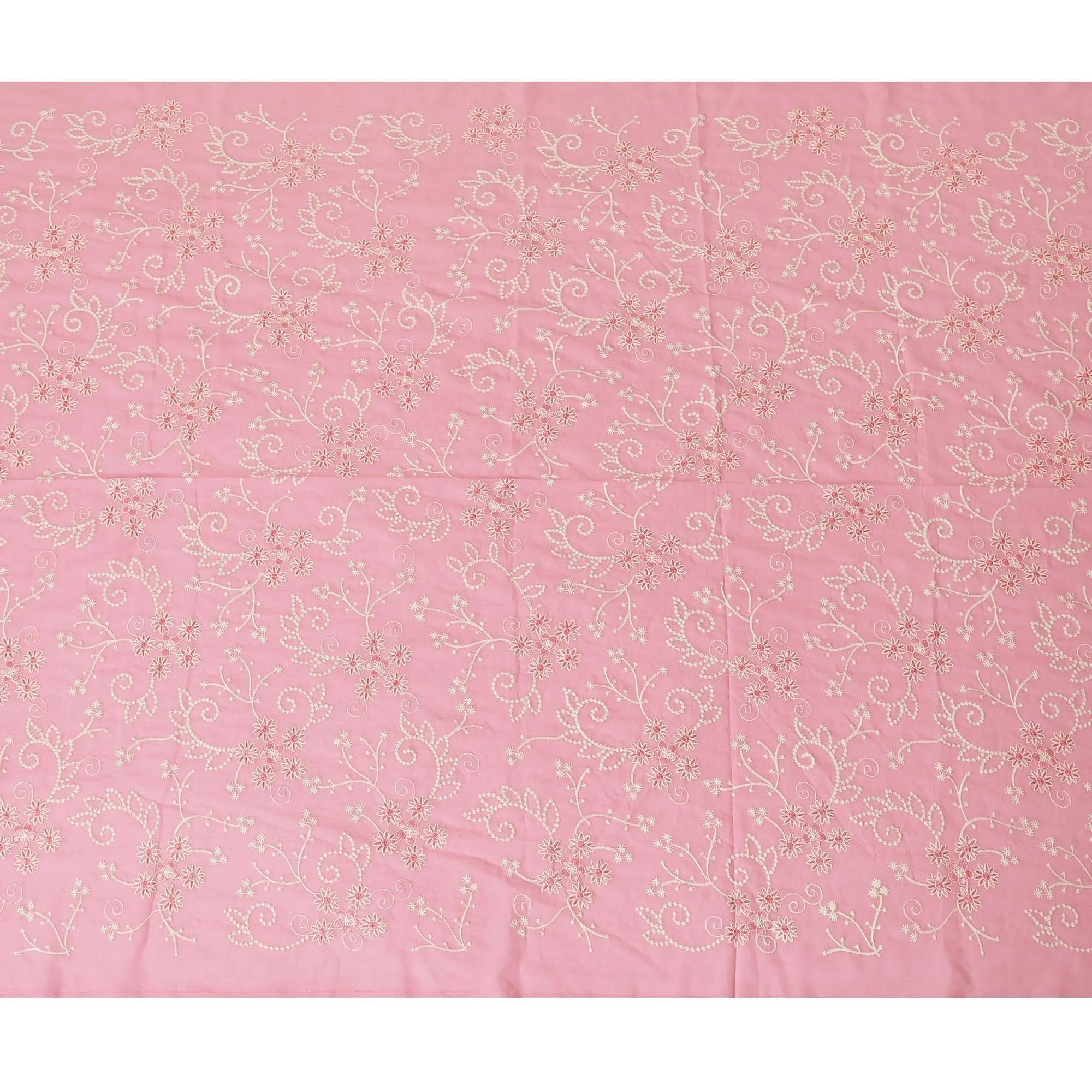 Salmon pink premium pure cotton voile fabric with same tone and beige embroidery in floral design-D13598
