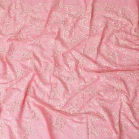 Salmon pink premium pure cotton voile fabric with same tone and beige embroidery in floral design-D13598