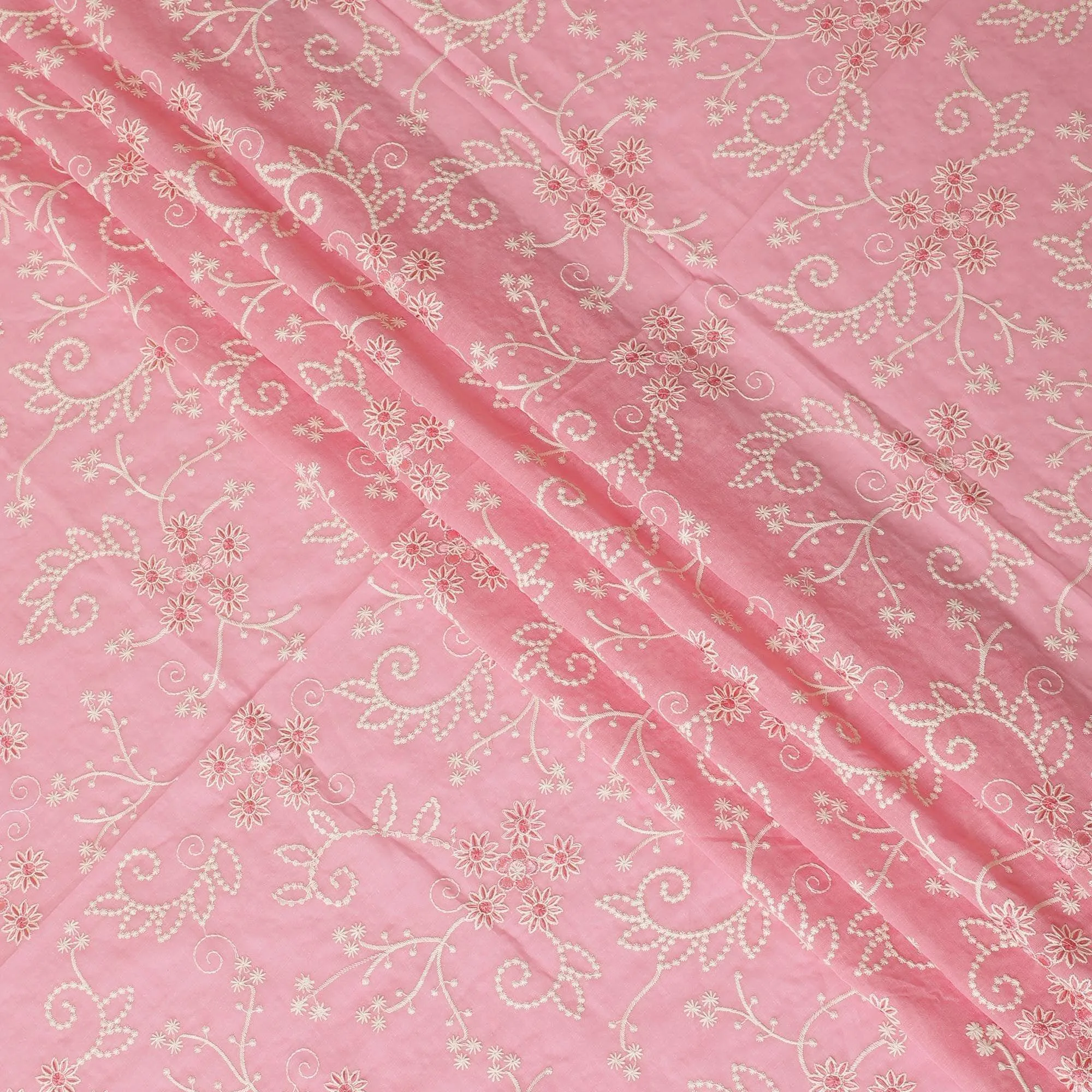 Salmon pink premium pure cotton voile fabric with same tone and beige embroidery in floral design-D13598