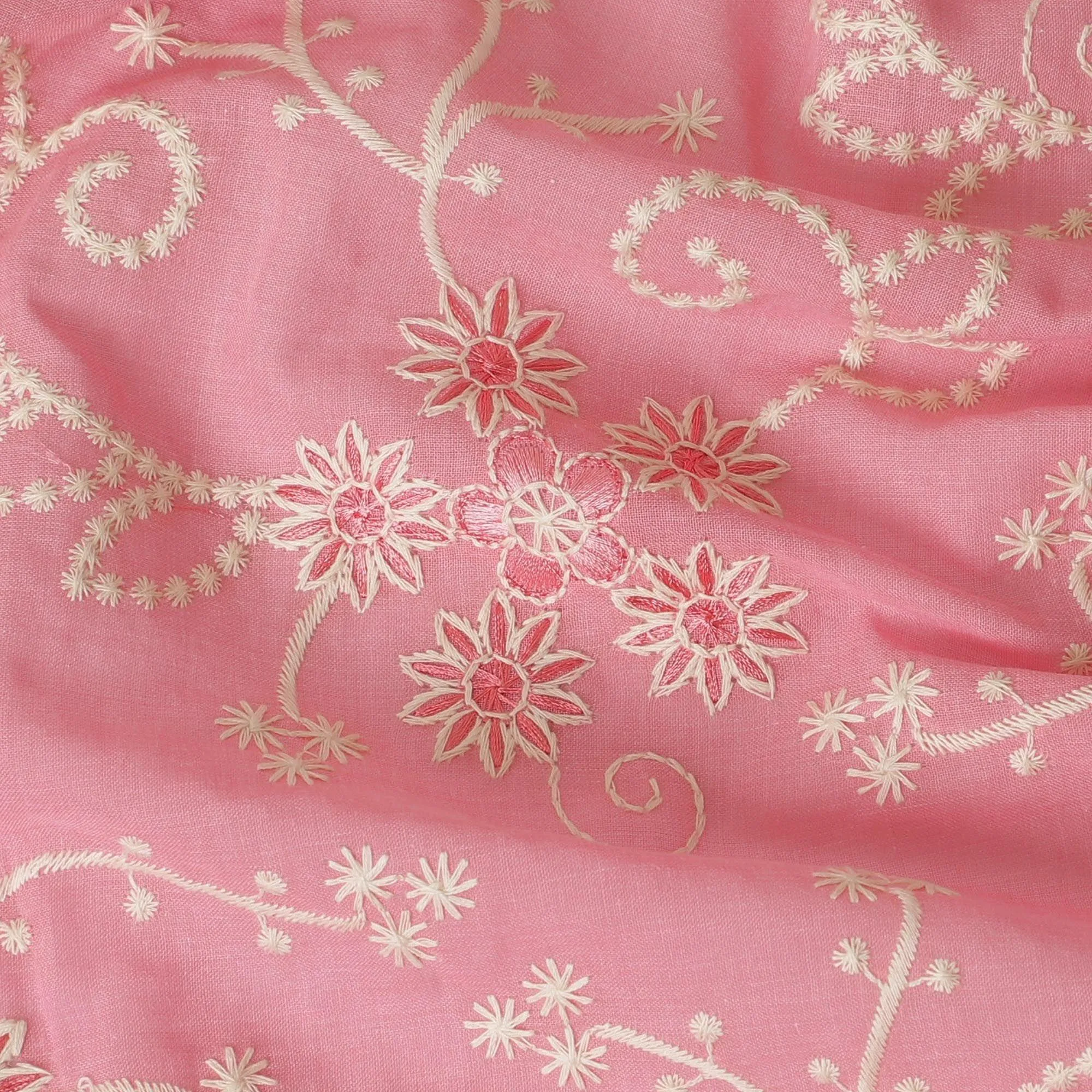 Salmon pink premium pure cotton voile fabric with same tone and beige embroidery in floral design-D13598