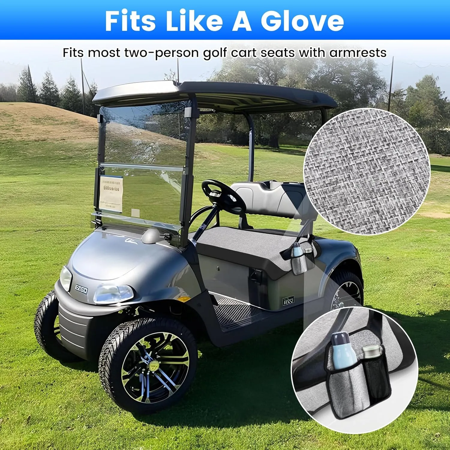 T TGBROS Golf Cart Seat Covers for 2 Person Seats EZGO, Yamaha & Club Car with Armrests Universal Golf Cart Seat Blanket Cushion Front & Rear All Weather Accessories - Black Leather & Gray Linen