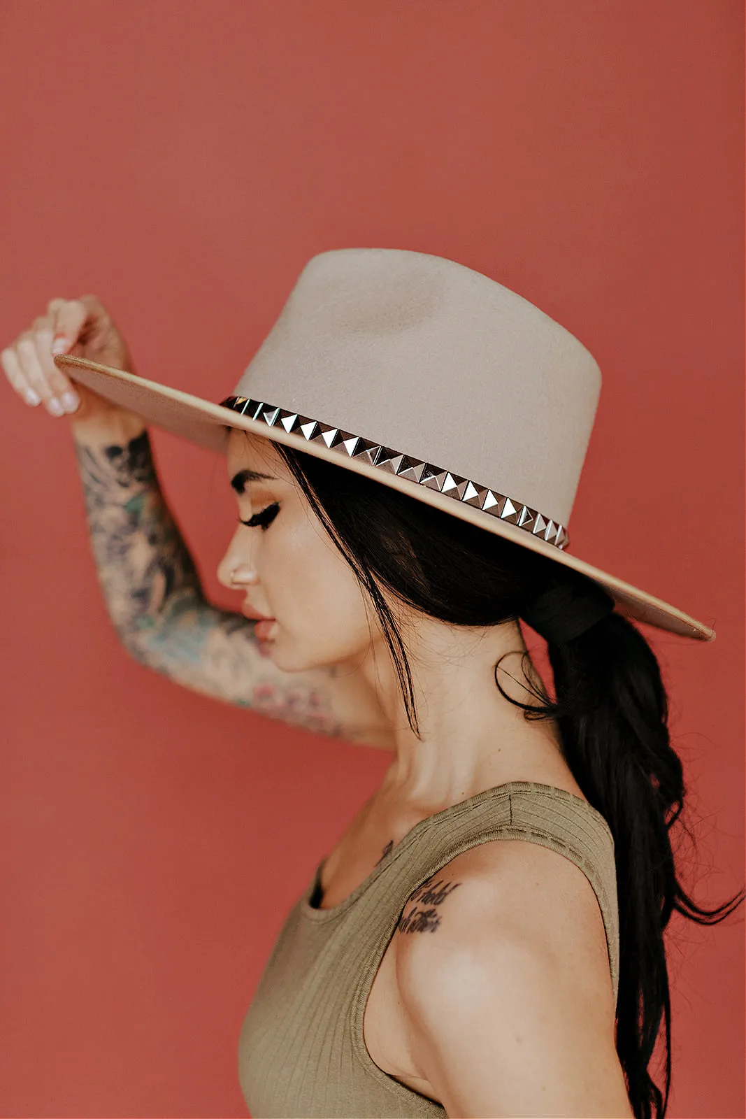 The Billie Wool Hat in Taupe w/ Studded Trim