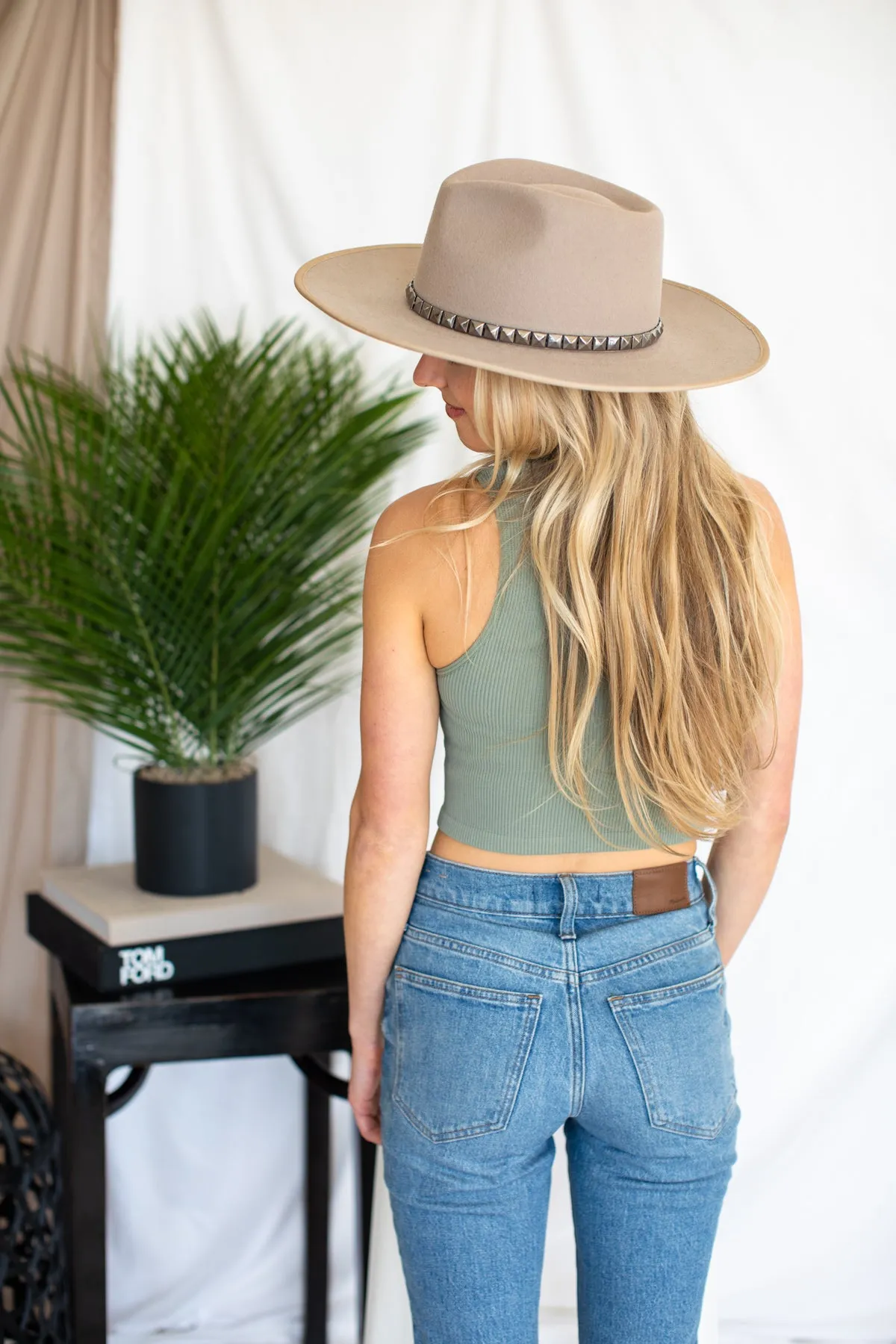 The Billie Wool Hat in Taupe w/ Studded Trim