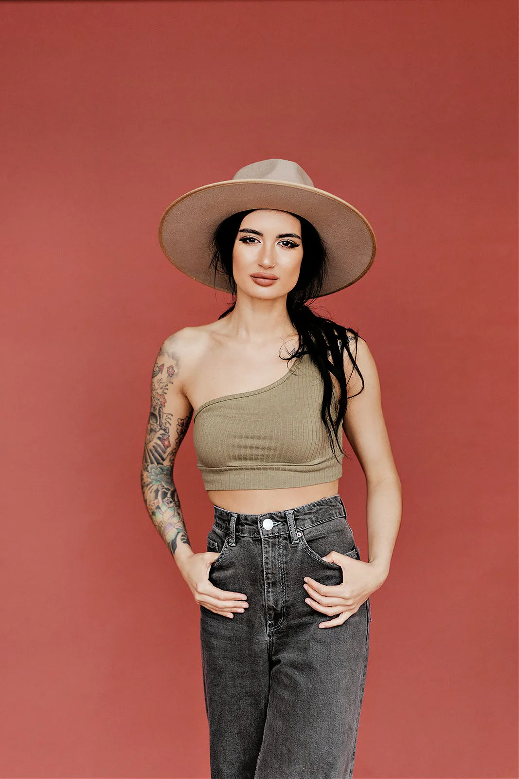The Billie Wool Hat in Taupe w/ Studded Trim