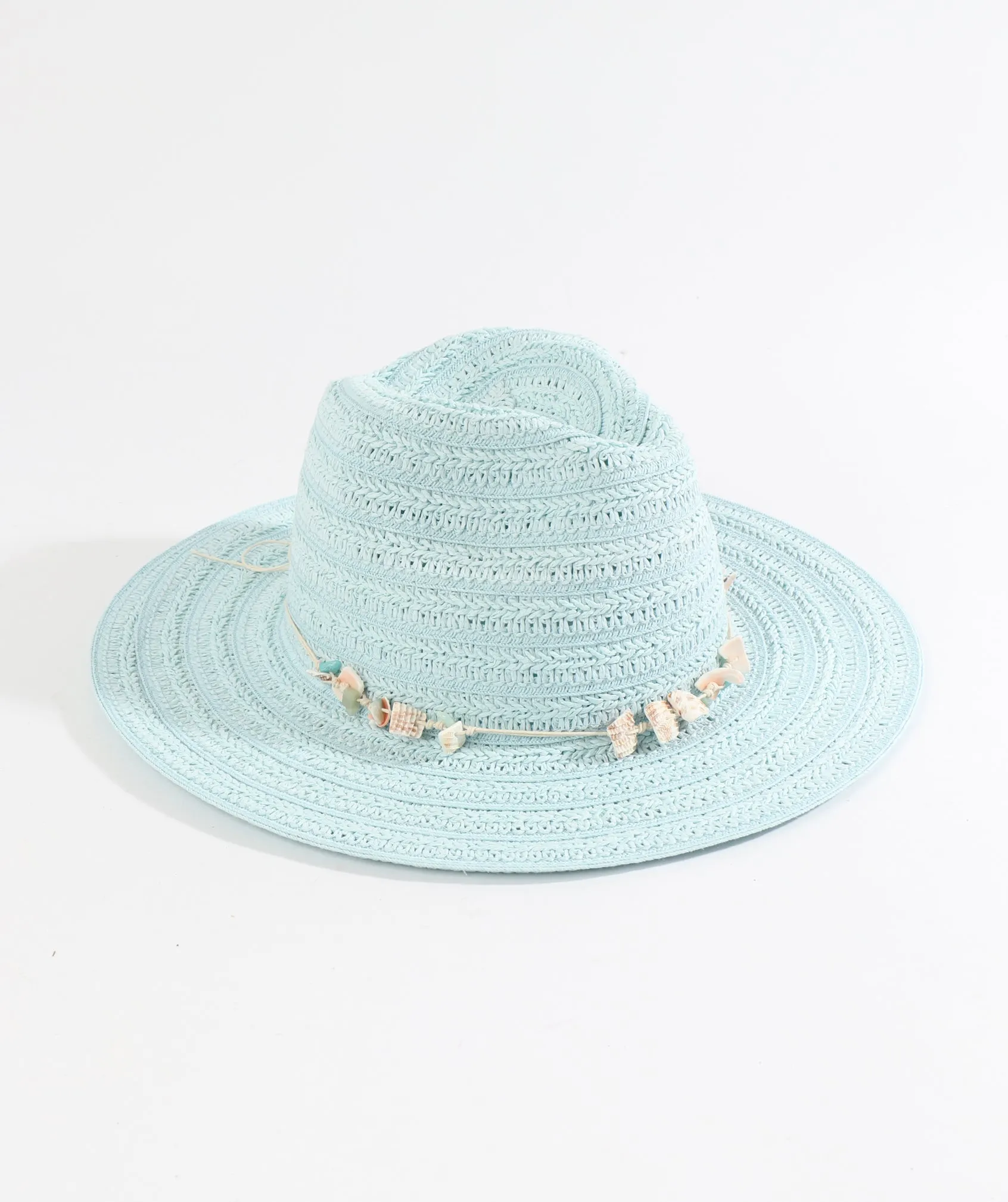 Turquoise Paper Straw Fedora Hat with Shell Bead Embellishment