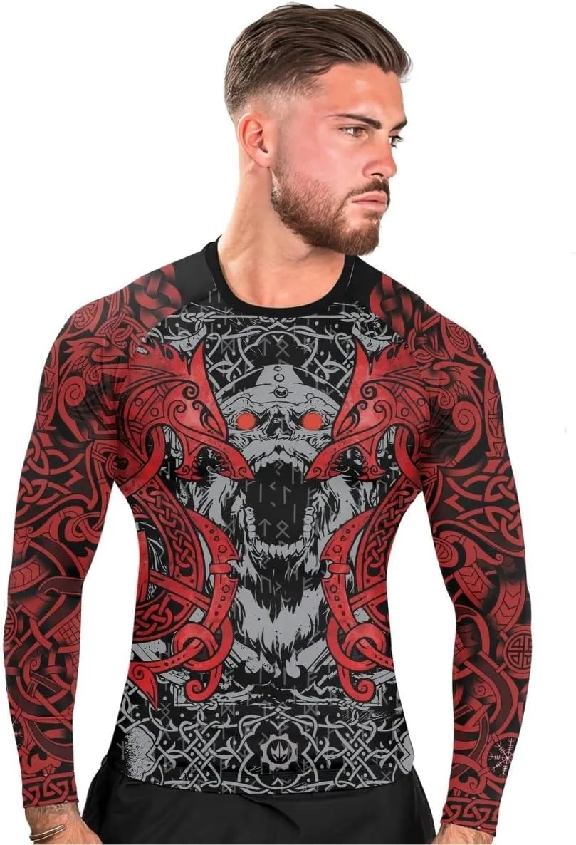 Viking Berserker Men's Rash Guard Shirts Long Sleeve, Baselayer Compression Shirt for Jiu Jitsu MMA