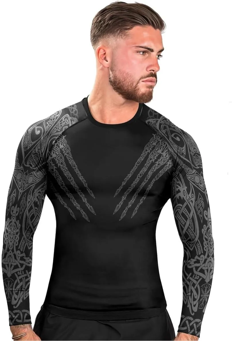 Viking Berserker Men's Rash Guard Shirts Long Sleeve, Baselayer Compression Shirt for Jiu Jitsu MMA