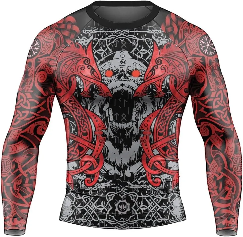 Viking Berserker Men's Rash Guard Shirts Long Sleeve, Baselayer Compression Shirt for Jiu Jitsu MMA