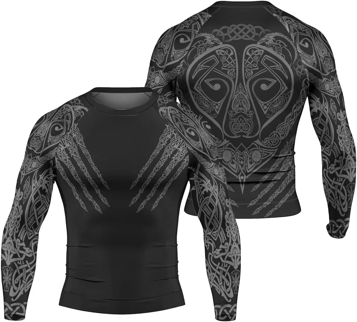 Viking Berserker Men's Rash Guard Shirts Long Sleeve, Baselayer Compression Shirt for Jiu Jitsu MMA