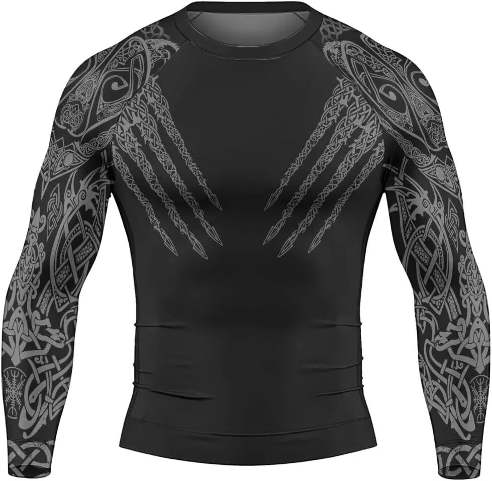Viking Berserker Men's Rash Guard Shirts Long Sleeve, Baselayer Compression Shirt for Jiu Jitsu MMA