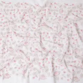 White Premium pure cotton voile fabric with brown and baby pink embroidery in floral design-D15234