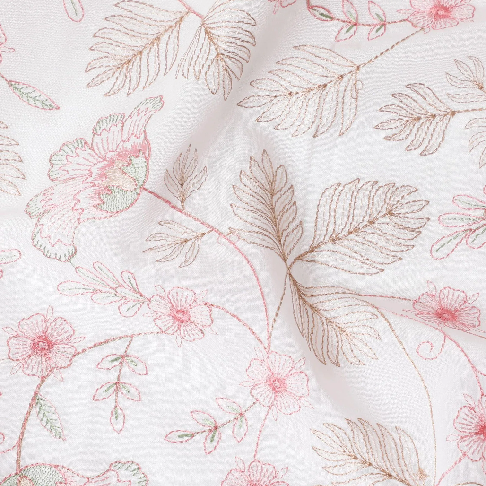 White Premium pure cotton voile fabric with brown and baby pink embroidery in floral design-D15234