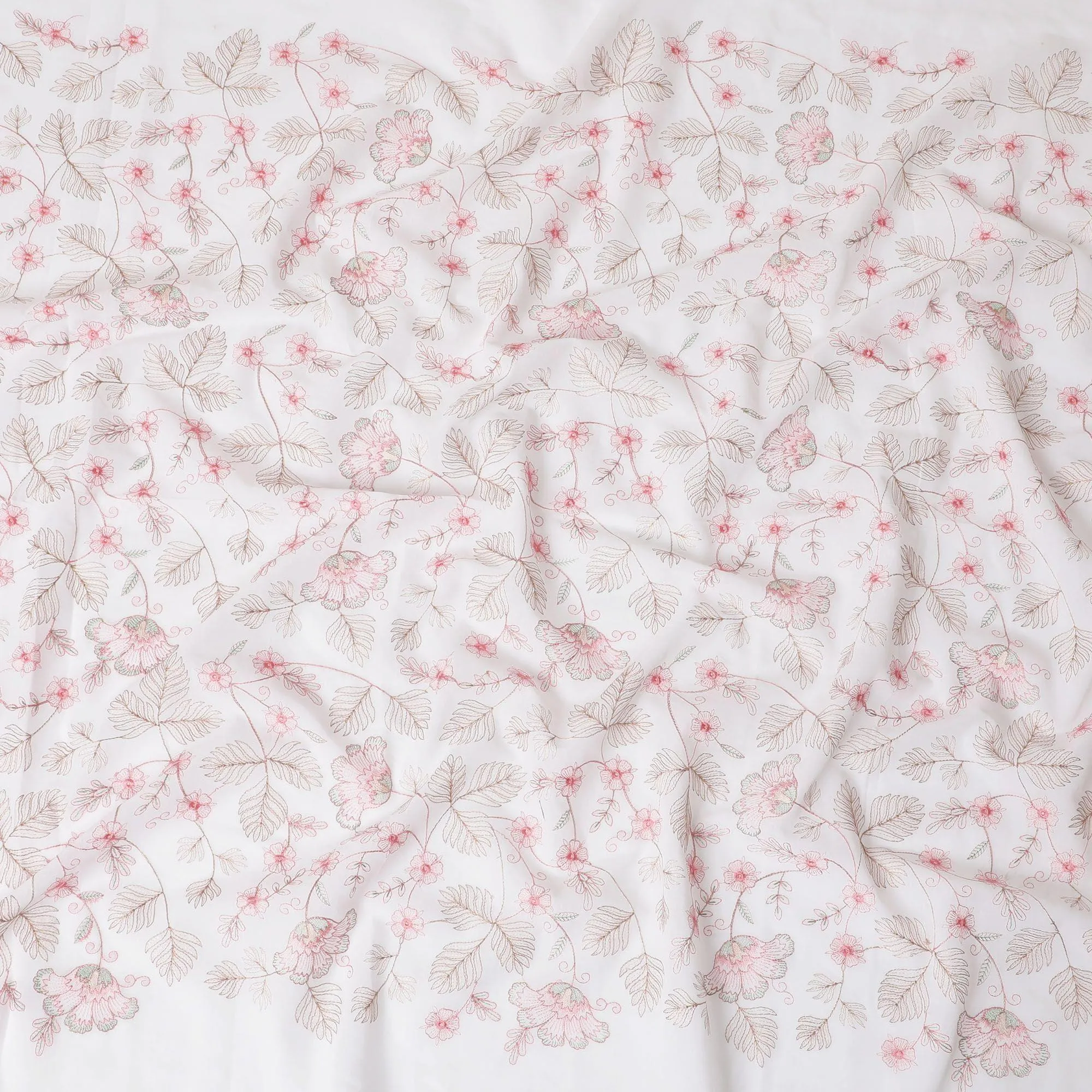 White Premium pure cotton voile fabric with brown and baby pink embroidery in floral design-D15234