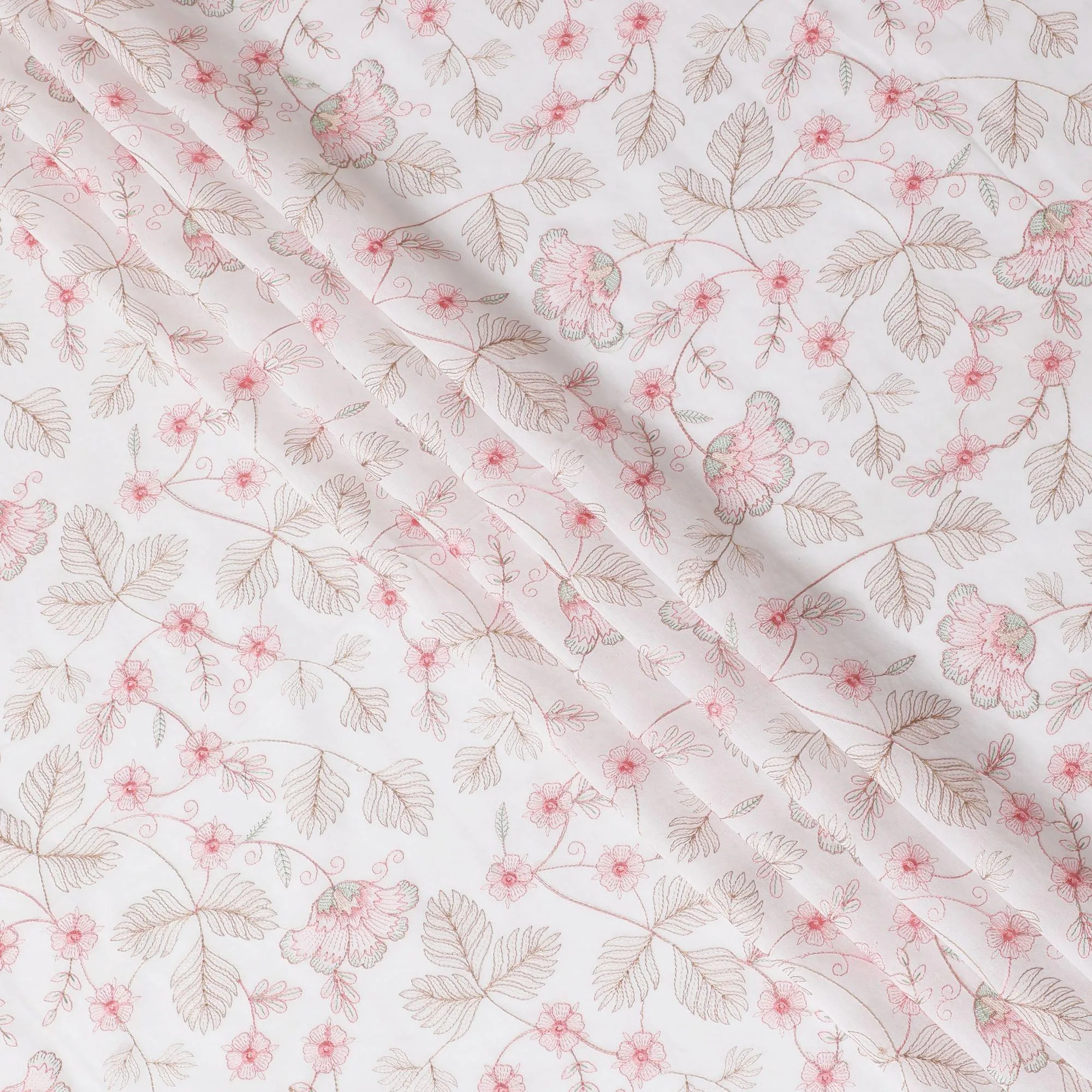 White Premium pure cotton voile fabric with brown and baby pink embroidery in floral design-D15234