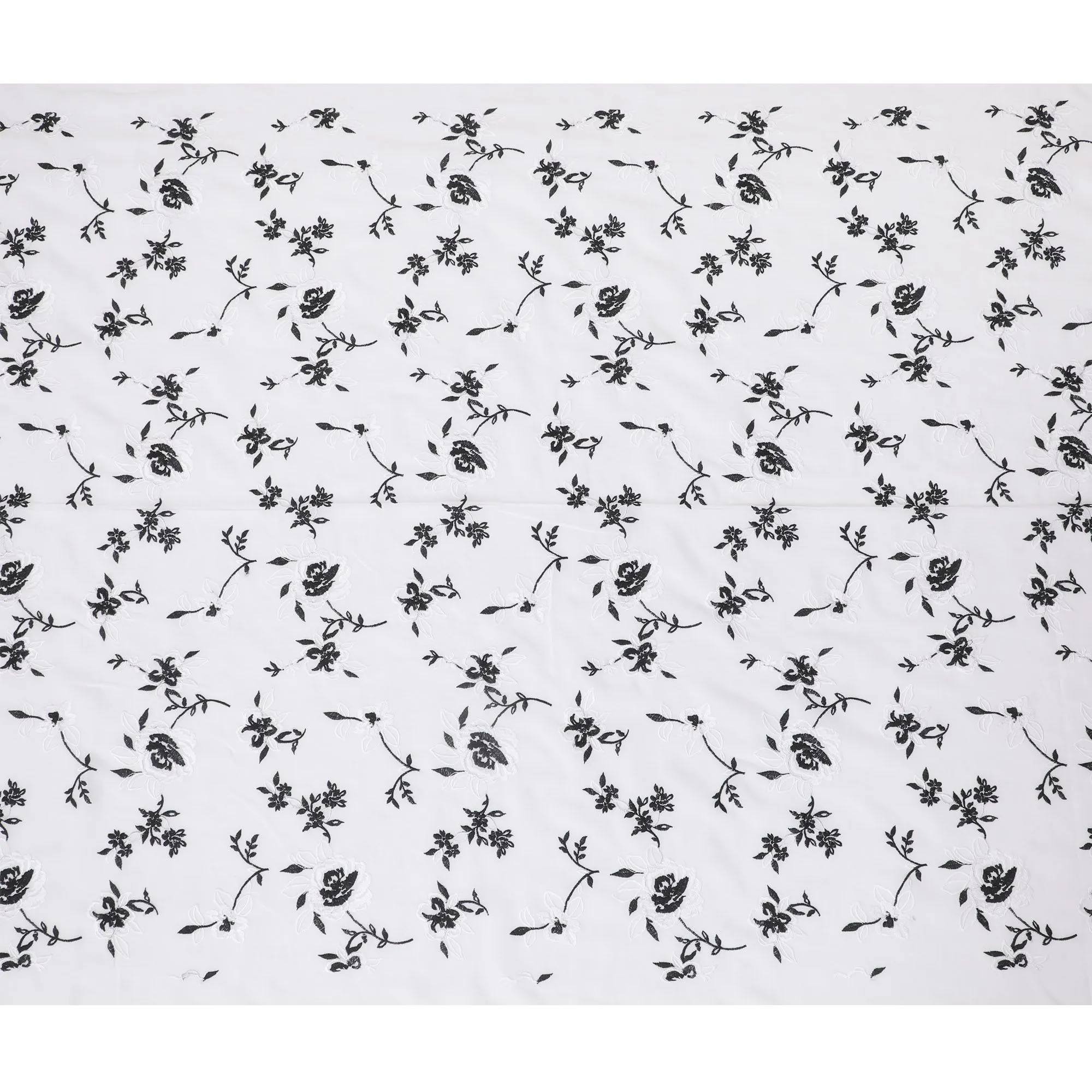 White Premium pure cotton voile fabric with same tone and black embroidery in floral design-D16978