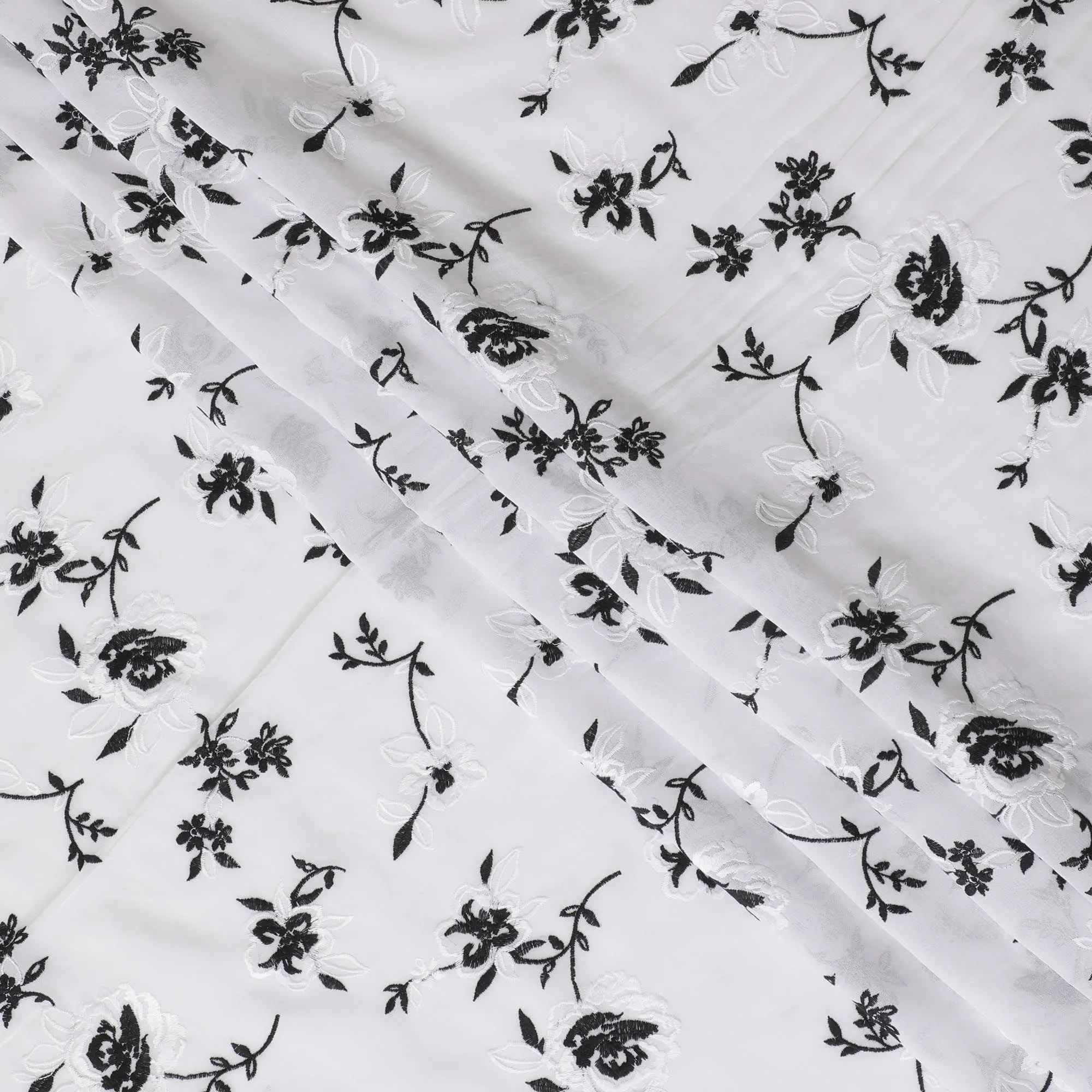 White Premium pure cotton voile fabric with same tone and black embroidery in floral design-D16978