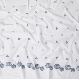 White premium pure cotton voile fabric with same tone and blue embroidery in floral design-D13602