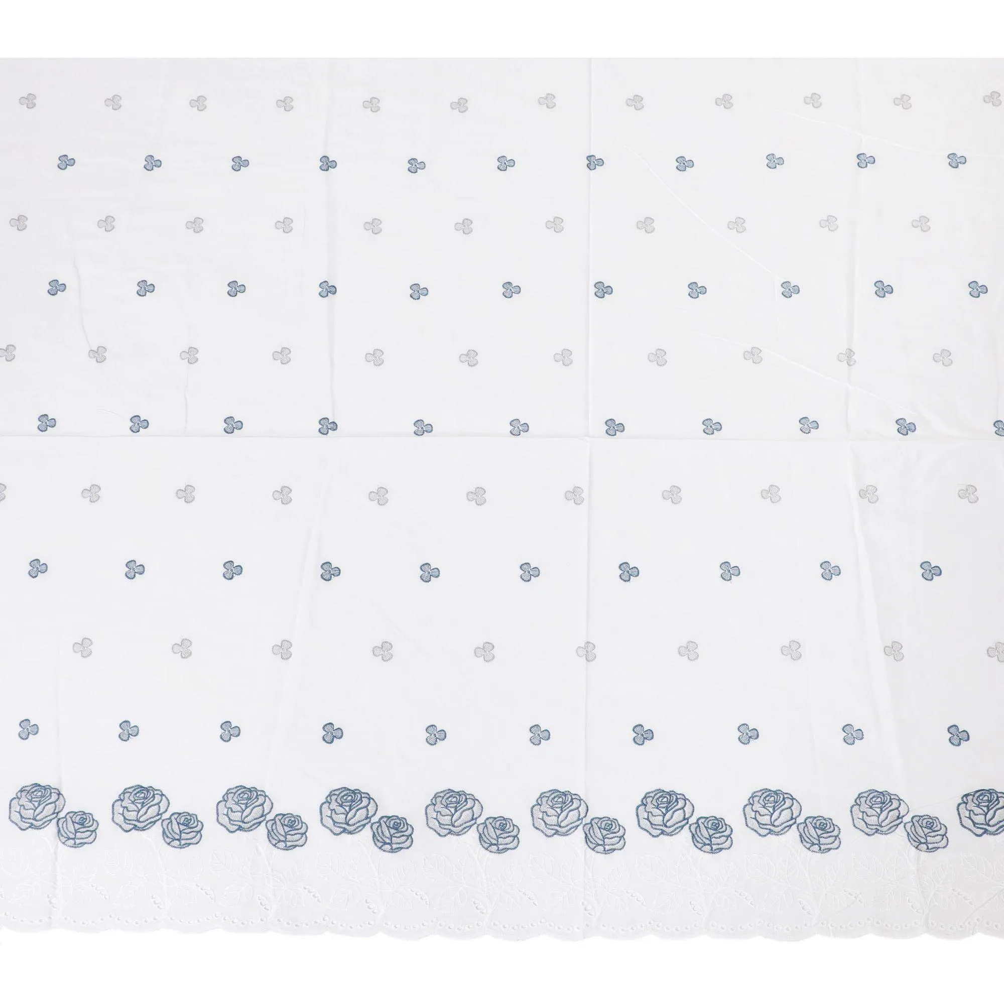 White premium pure cotton voile fabric with same tone and blue embroidery in floral design-D13602