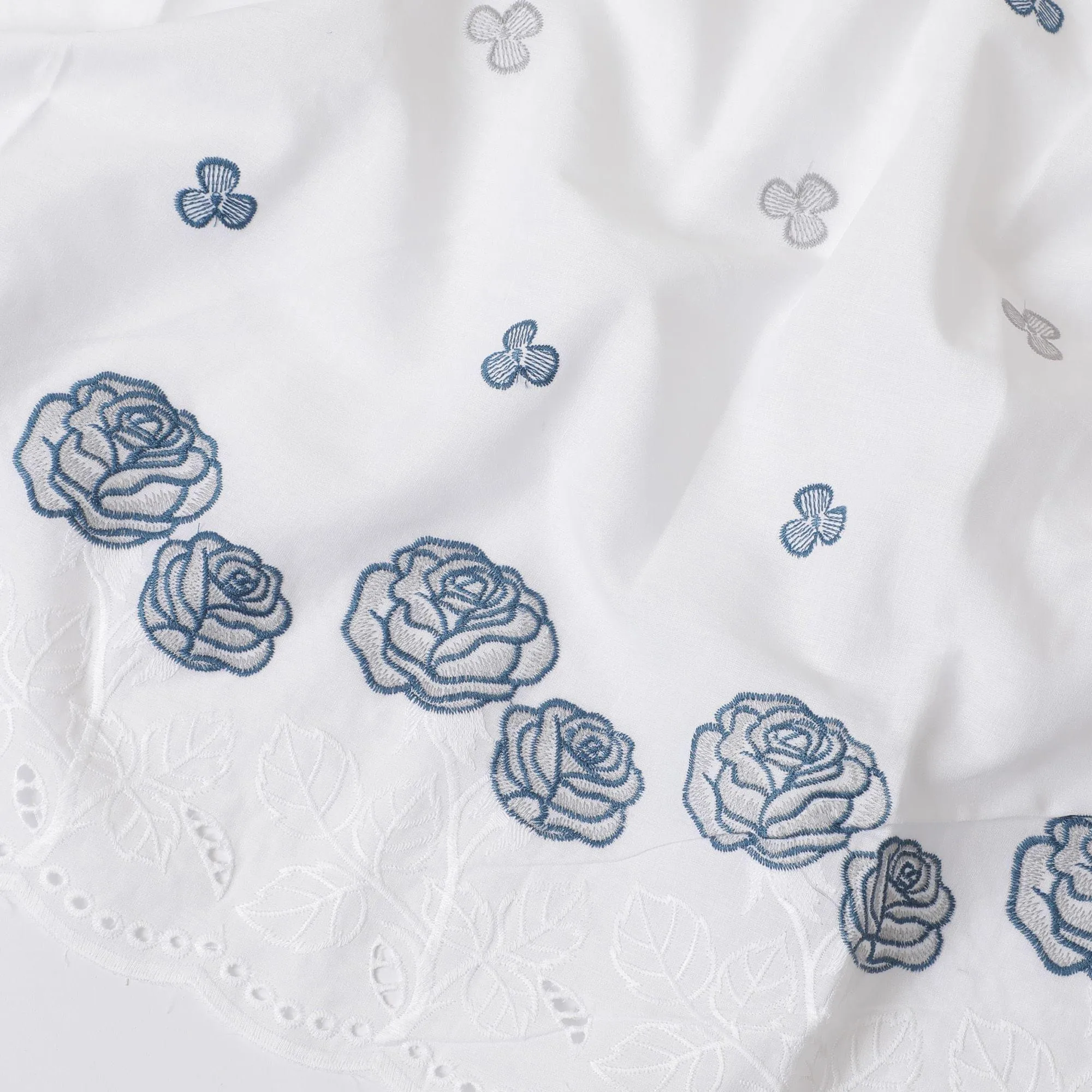 White premium pure cotton voile fabric with same tone and blue embroidery in floral design-D13602