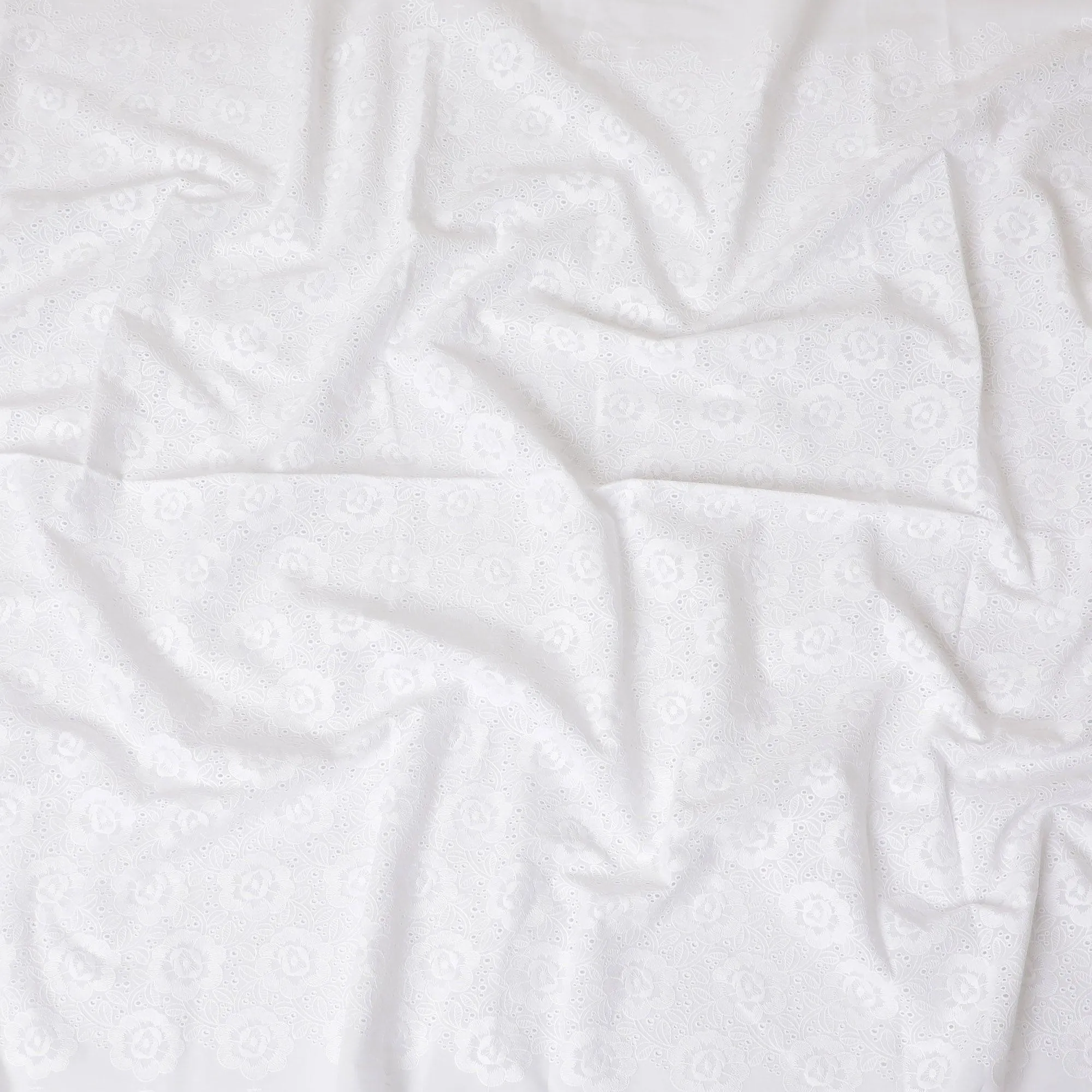 White Premium pure cotton voile fabric with same tone embroidery in floral design-D13617