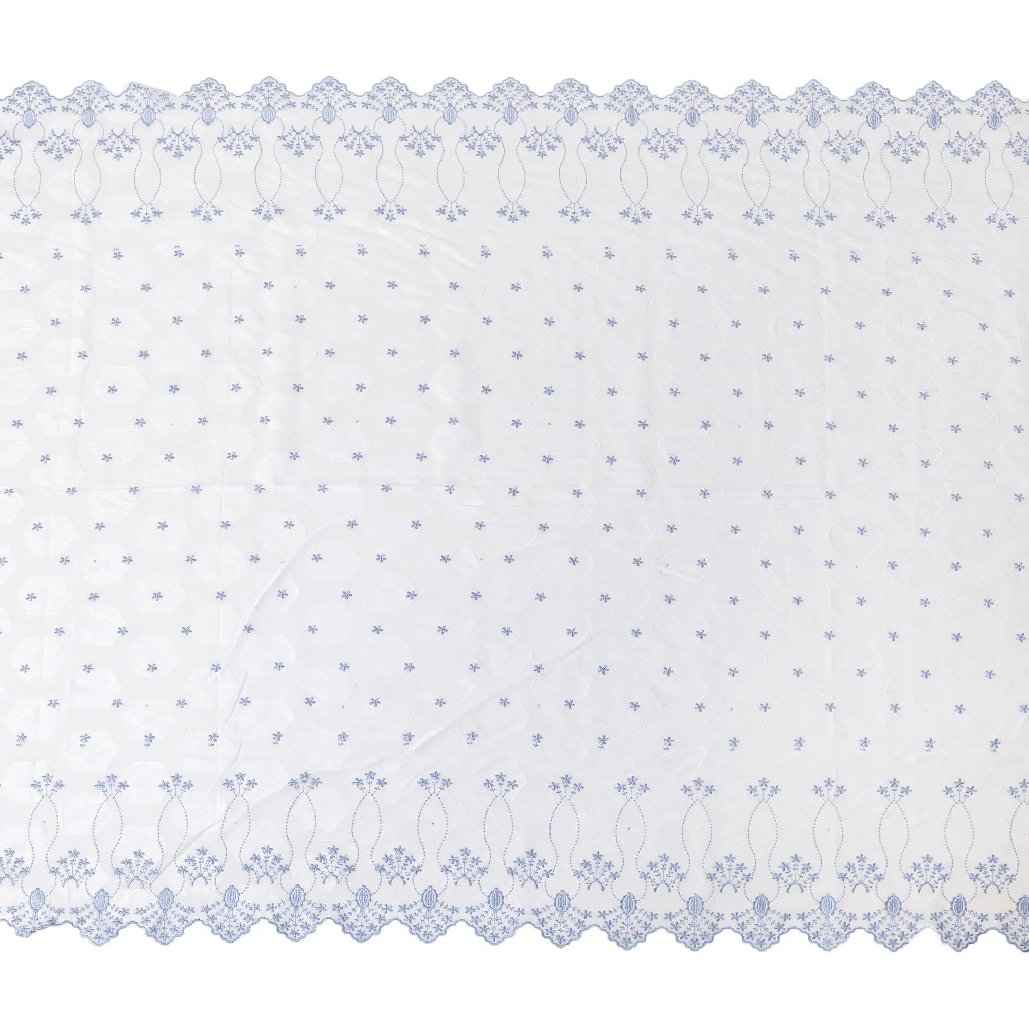 White premium Swiss cotton voile fabric with same tone and baby blue embroidery having stone work in fancy design-D10370