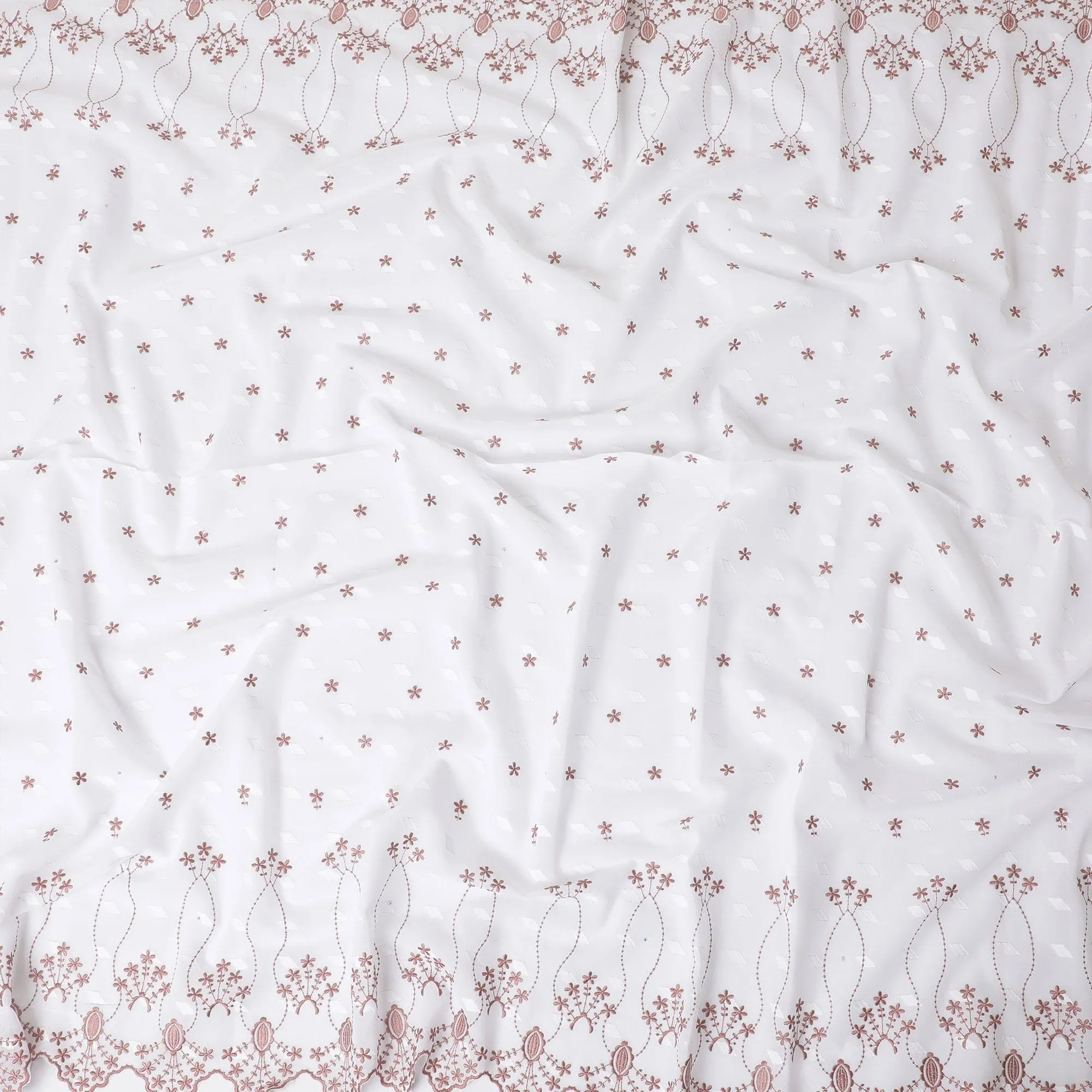 White Premium Swiss cotton voile thobe with same tone and pale brown embroidery in floral design having stone work-D11625