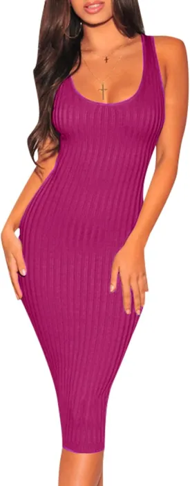 Women's Sexy Bodycon Tank Dresses Sleeveless Ribbed Knit Midi Club Dresses
